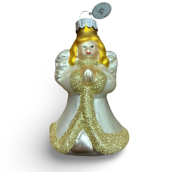 Christopher Radko Angel Christmas Ornament Retro Blown Glass Gold White Glitter - Picture 1 of 4